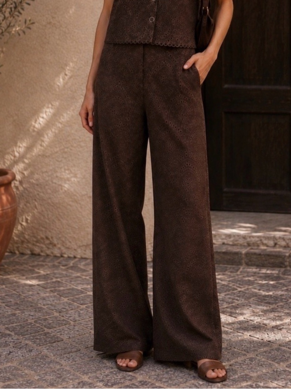 Caroline Constas Chocolate Eyelet Wide-Leg denim pants